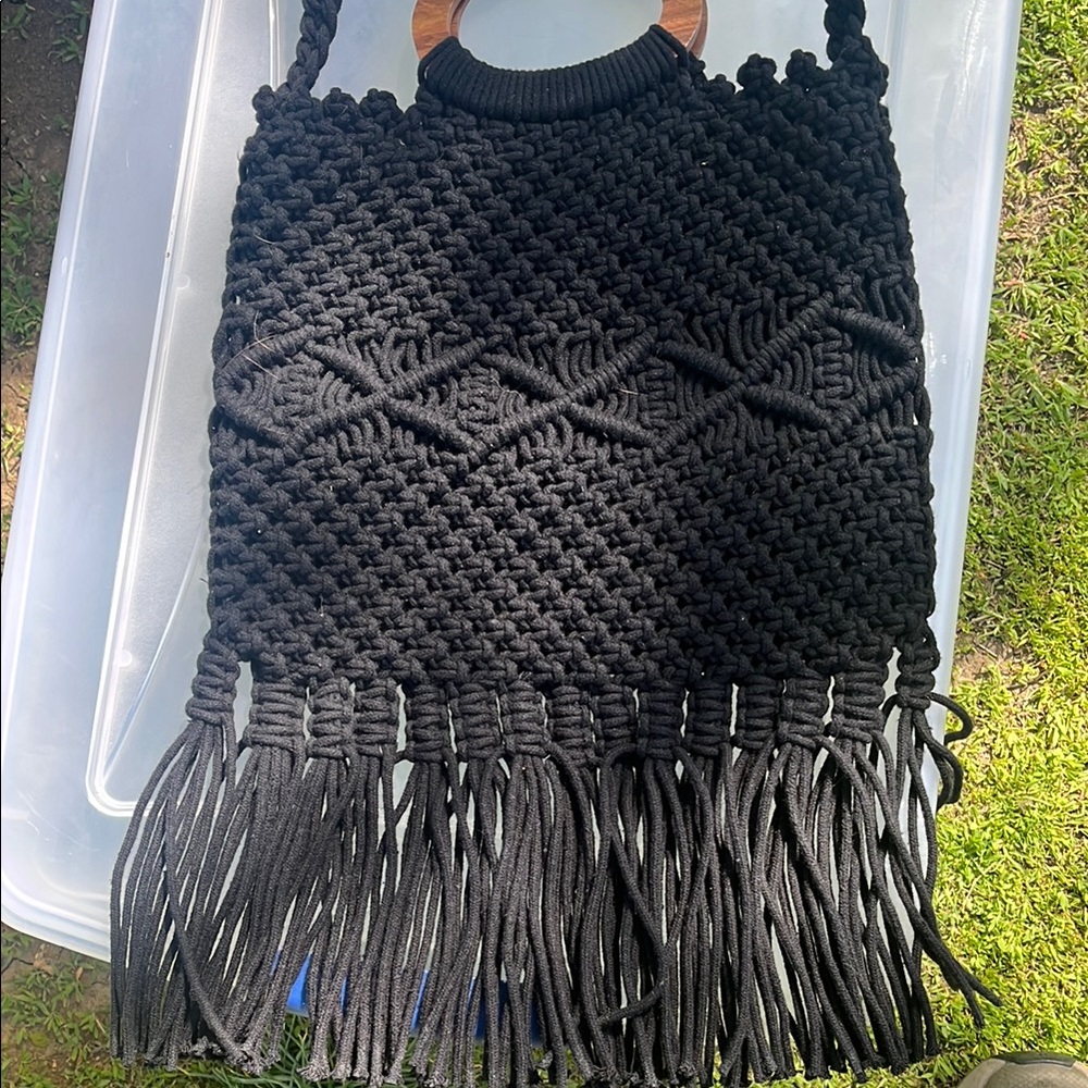 Black Macrame Fringe Tote Bag